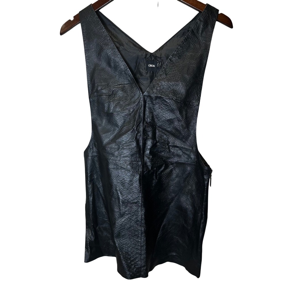 ASOS Black Faux Leather Snake Print Mini Pinafore Dress Size‎ 2 Punk Goth Grunge